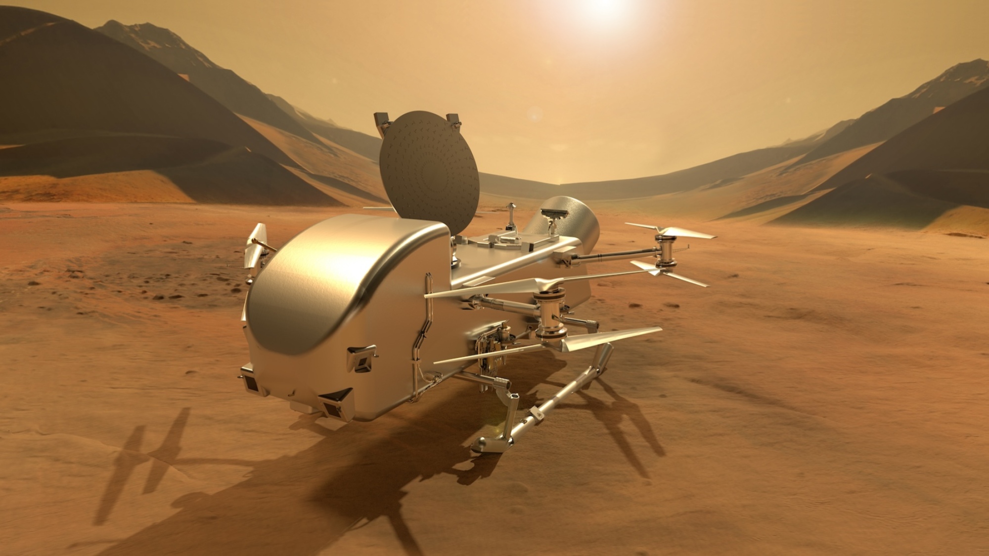 Une conception de Dragonfly à la surface de Titan.