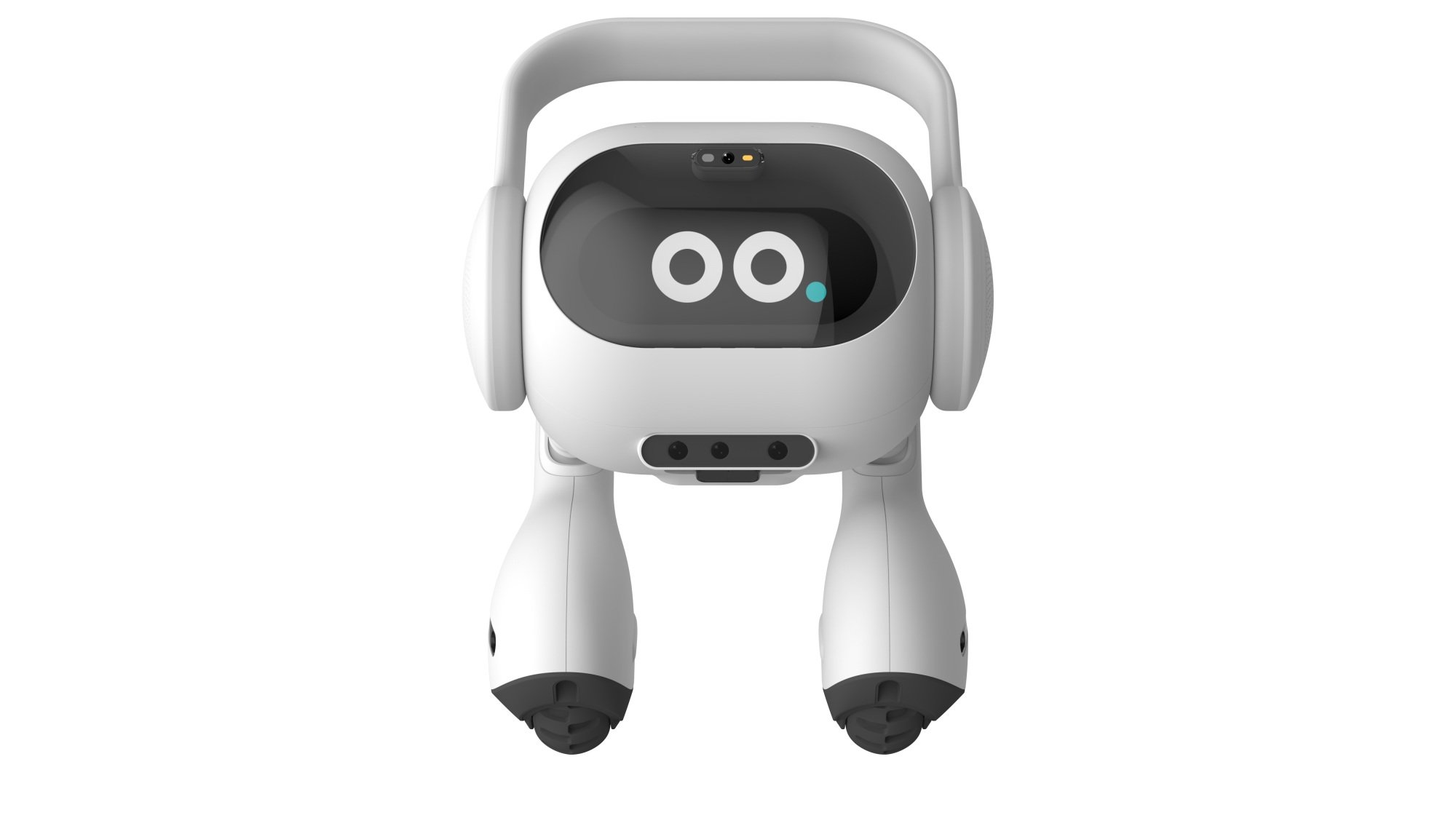 Robot agent LG AI blanc qui a deux jambes et un visage avec de grands yeux ronds 