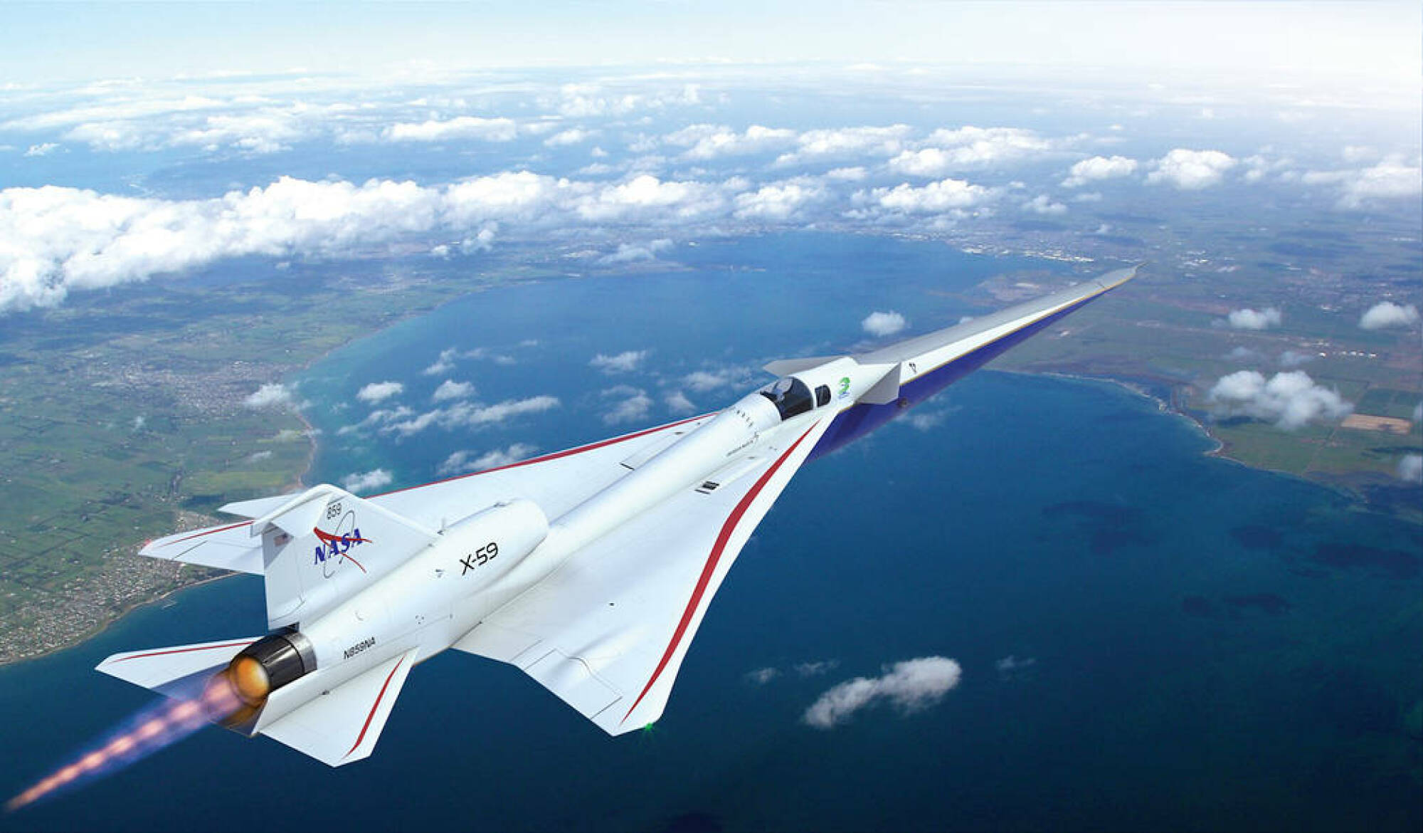 Vue d'artiste de l'avion X-59 lors d'un vol d'essai au-dessus des terres américaines