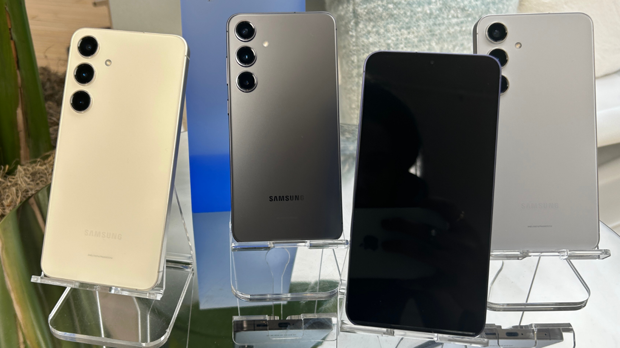 quatre couleurs différentes du Samsung Galaxy S24+ alignées sur des supports transparents sur une surface réfléchissante
