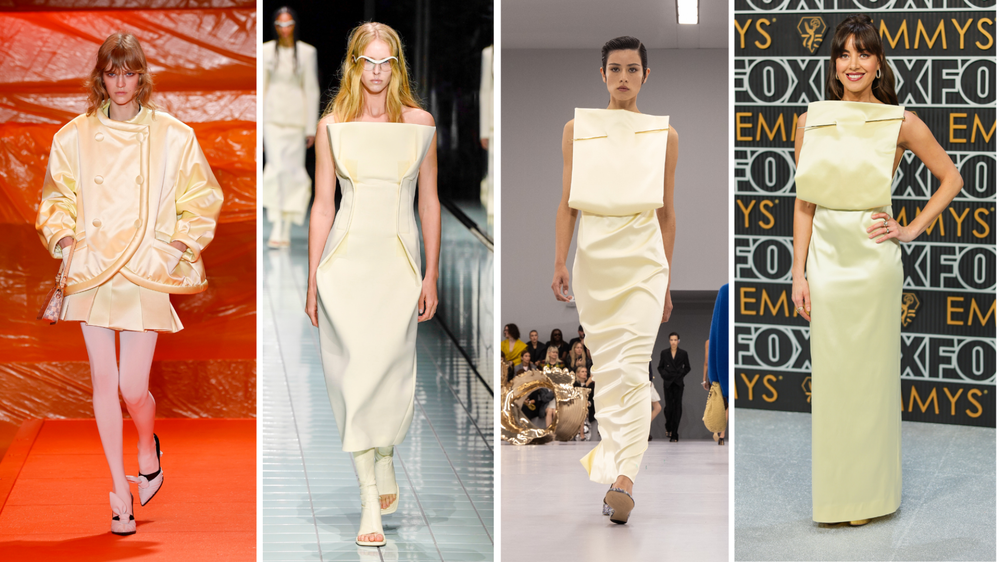 Quatre photos de femmes en robes jaunes.  Les photos trois et quatre montrent deux femmes portant la même robe Loewe.
