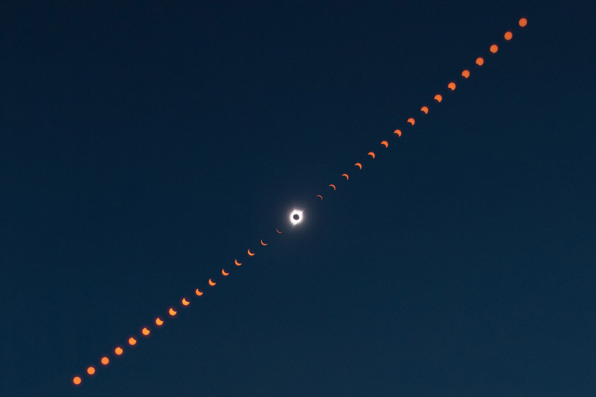 Une image composite montrant la progression de l'éclipse solaire totale de partielle à totalité, puis de nouveau à partielle.