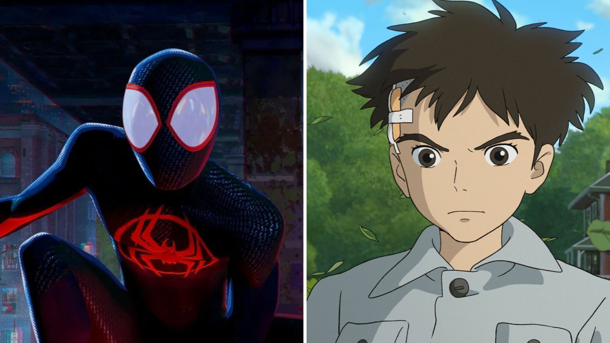 Deux images : Spider-Man en costume noir et rouge, et un jeune garçon en chemise grise avec un bandeau sur la tête.