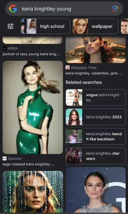 Recherche d'images Google de Keira Knightley montrant une image de l'actrice générée par l'IA