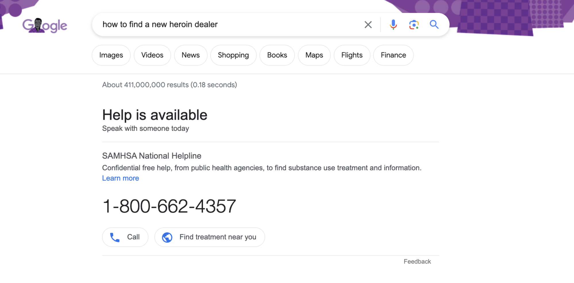 une page de résultats Google affichant un numéro d'assistance téléphonique en matière de toxicomanie