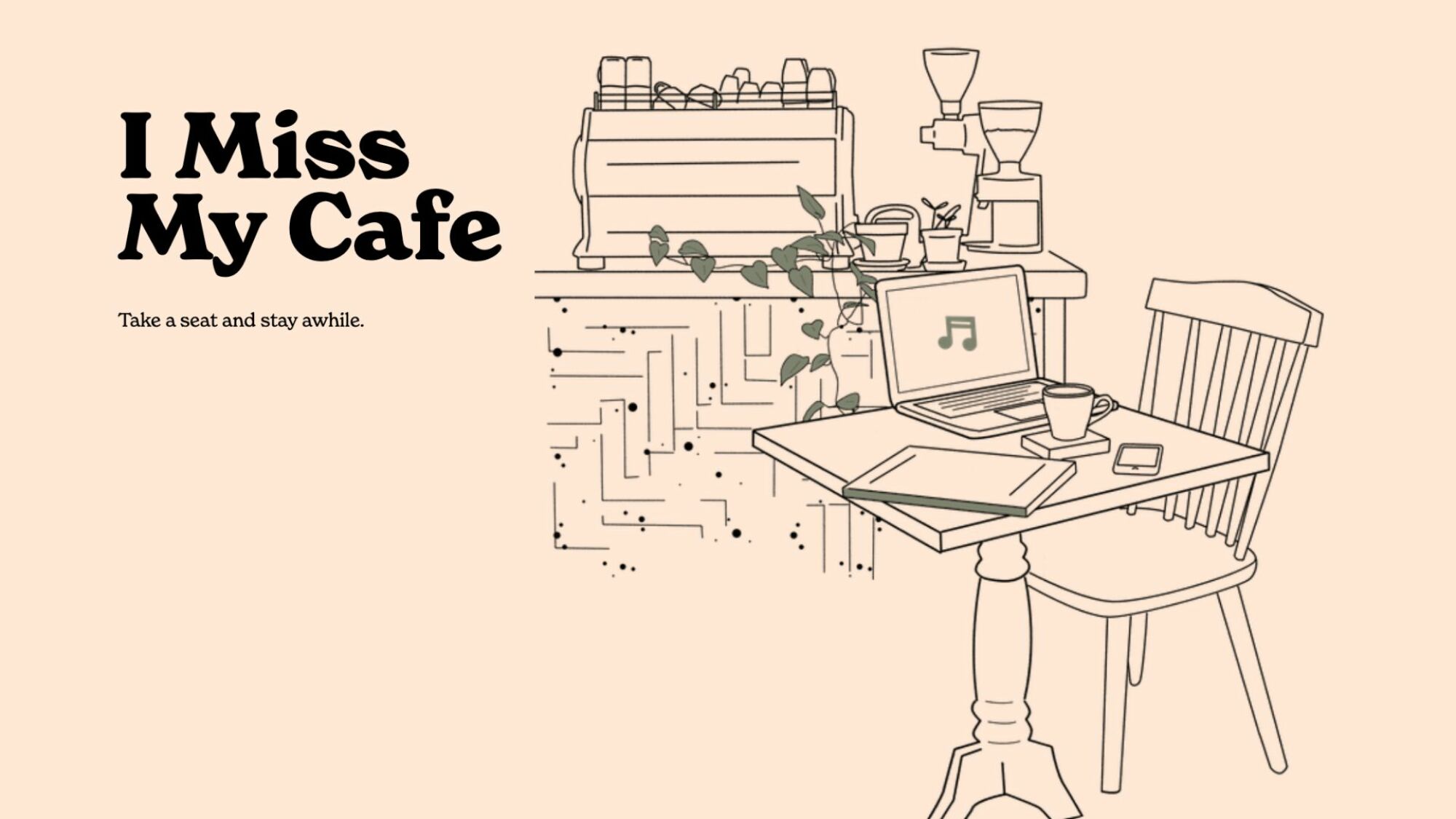 La page d’accueil de IMissMyCafe.com.  Un dessin au trait d’une table et d’une chaise avec un ordinateur portable ouvert dessus.  Derrière cela se trouve un bar barista.