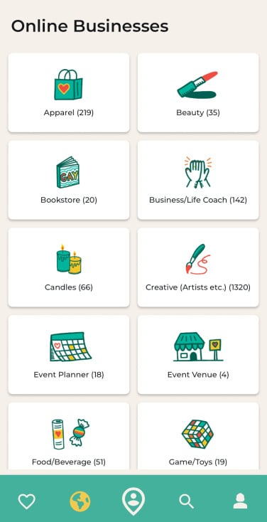 Une capture d'écran de l'onglet Entreprises en ligne montrant dix des 26 catégories. 