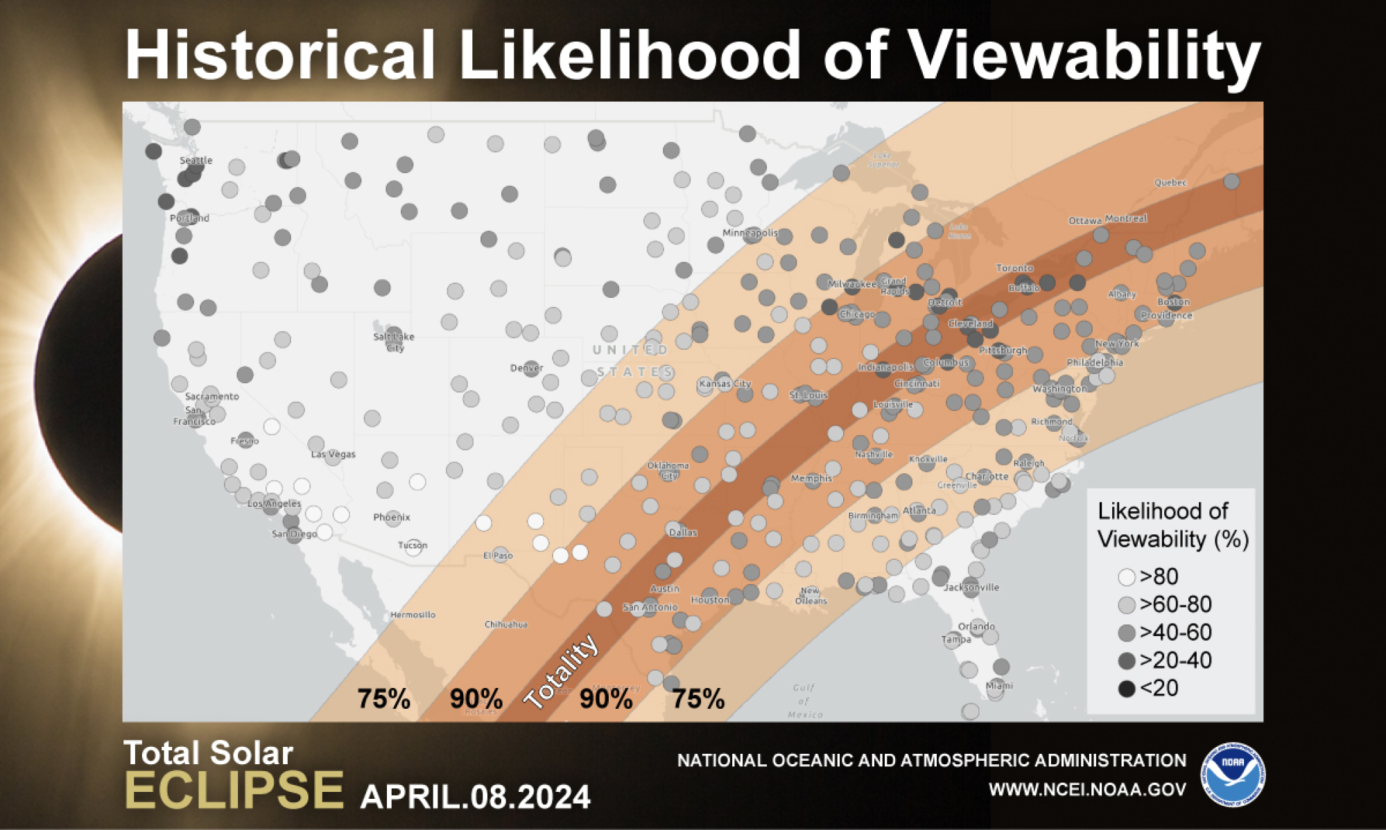 Une vue agrandie de la carte de visibilité de l'éclipse solaire totale de 2024 de la NOAA.