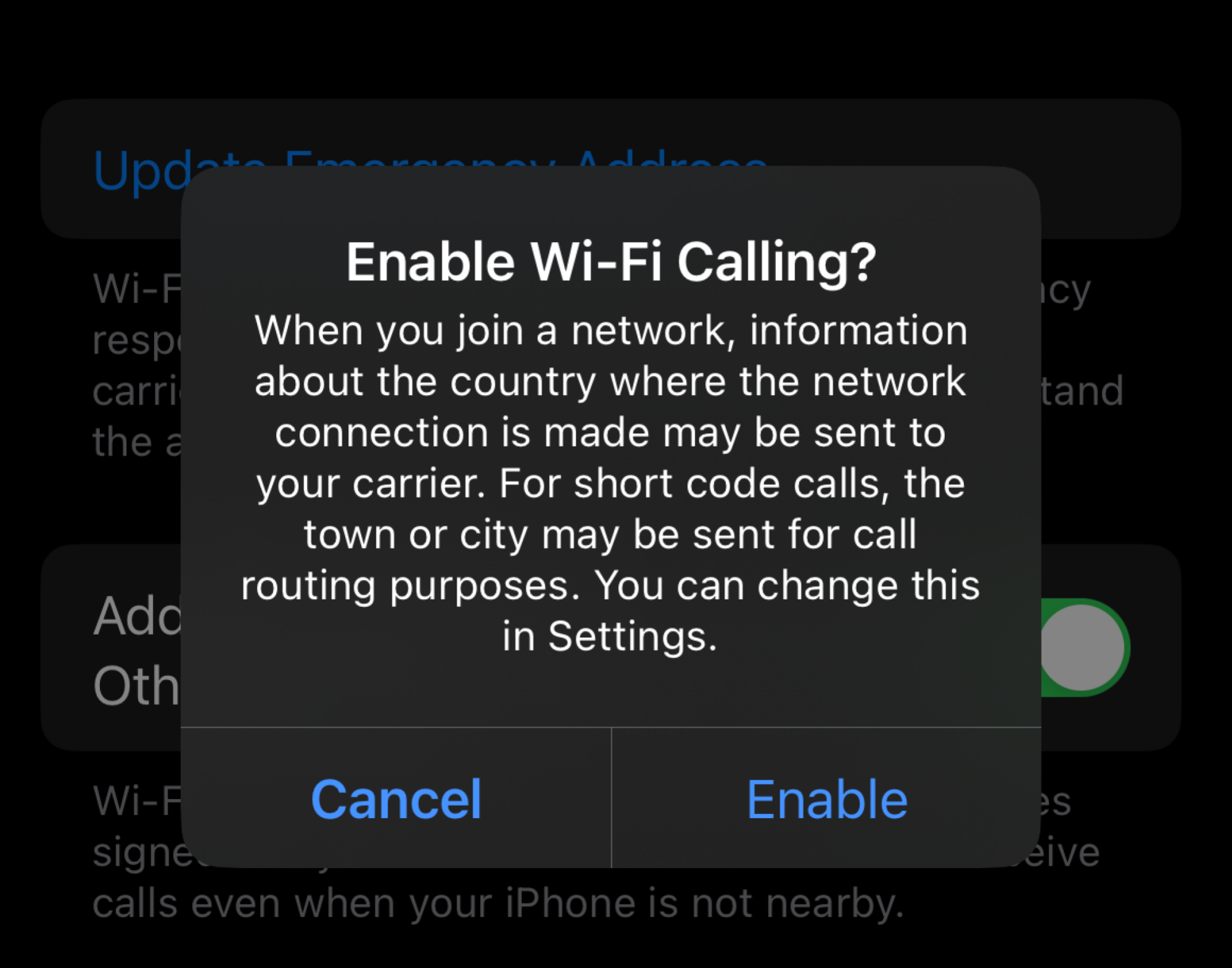 une fenêtre contextuelle sur iPhone demandant « Activer les appels Wi-Fi ? »