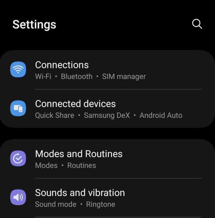 le menu « Paramètres » d'un téléphone mobile Samsung