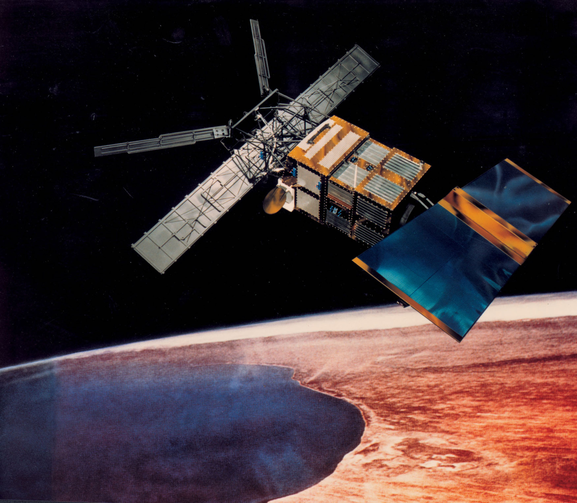 Vue d'artiste du satellite ERS-2 en orbite autour de la Terre.