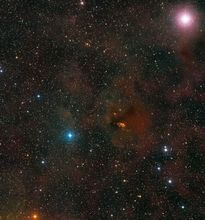 La région de l'espace remplie de poussière, dans la constellation du Taureau, où se trouve l'étoile en développement HL Tauri.