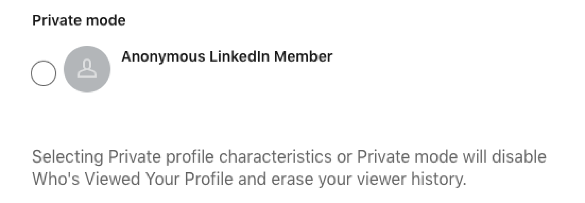 Capture d'écran de LinkedIn "Mode privé" paramètre