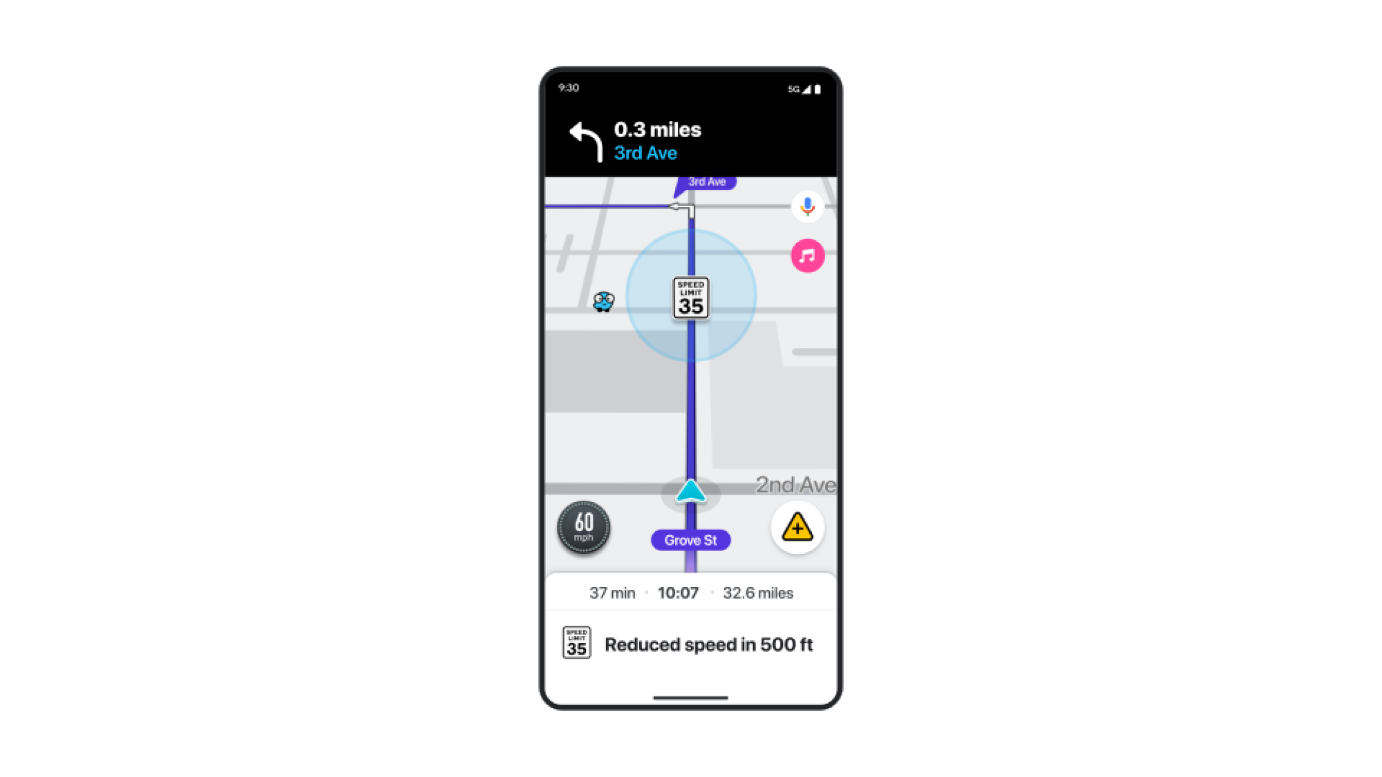 Une application de navigation moqueuse avertissant l'utilisateur que la limite de vitesse sur la route change