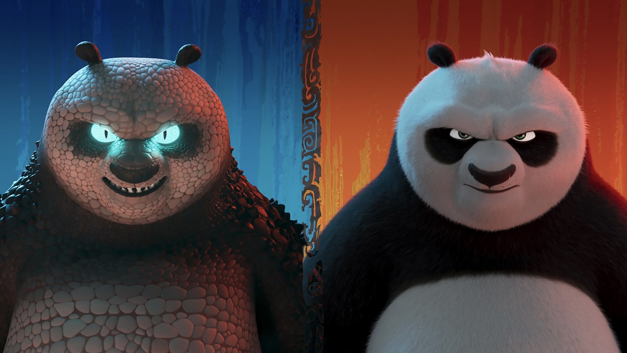 Un panda écailleux avec des yeux bleus brillants sur fond bleu et un panda normal sur fond rouge.