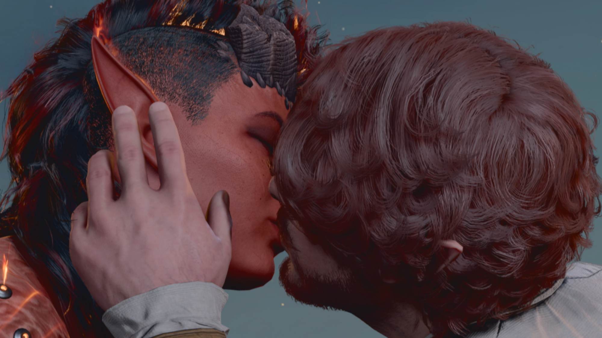 Deux personnages s'embrassant "La porte de Baldur 3."