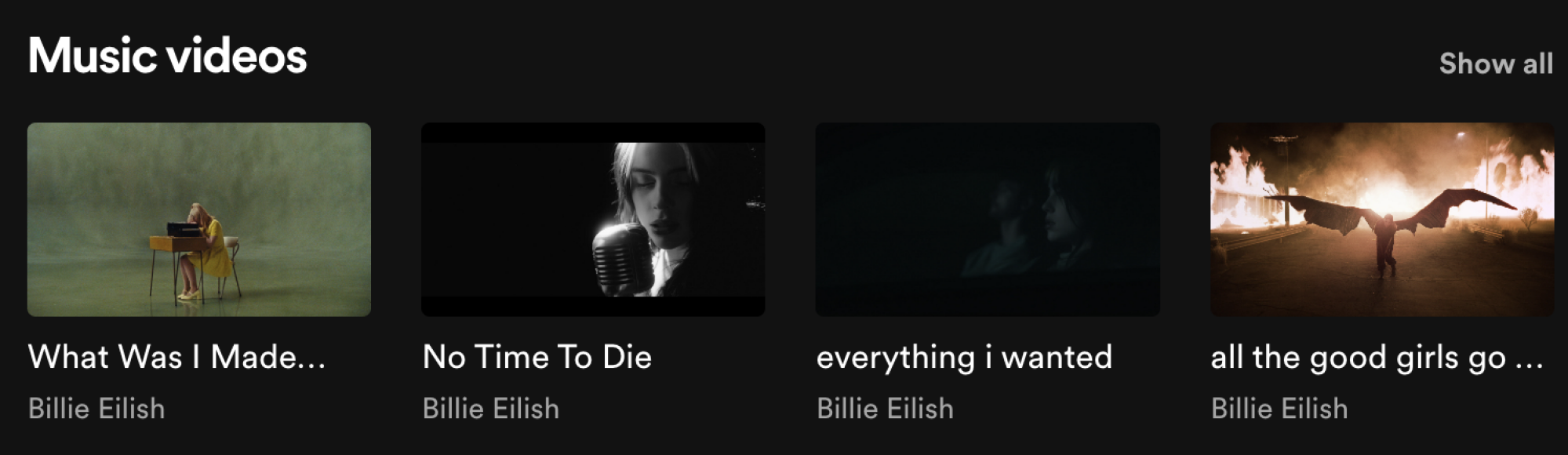 Une capture d'écran montrant les clips de Billie Eilish.