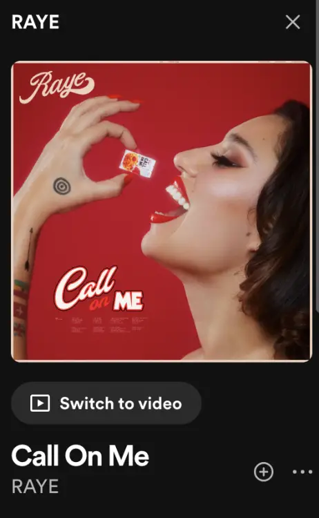 Une capture d'écran montrant RAYE "Appelez-moi" avec le "passer à l'option vidéo.