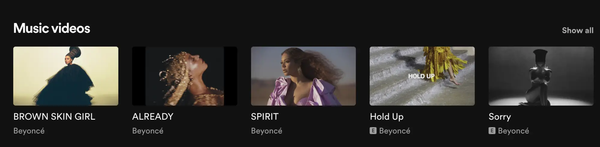 Une capture d'écran de Spotify montrant un carrousel de clips vidéo de Beyoncé.