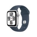 montre Apple argentée avec bracelet bleu