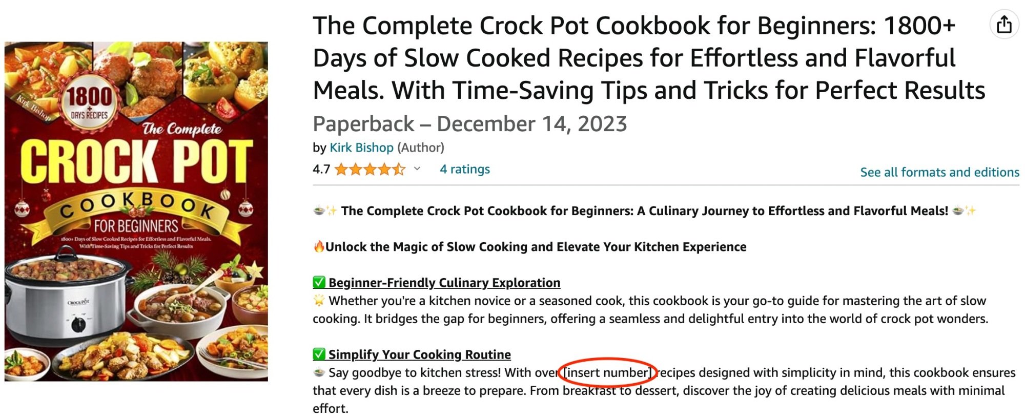 Ce qui semble être un livre de recettes de mijoteuse généré par l'IA sur Amazon dont le texte de description du produit est laissé vide