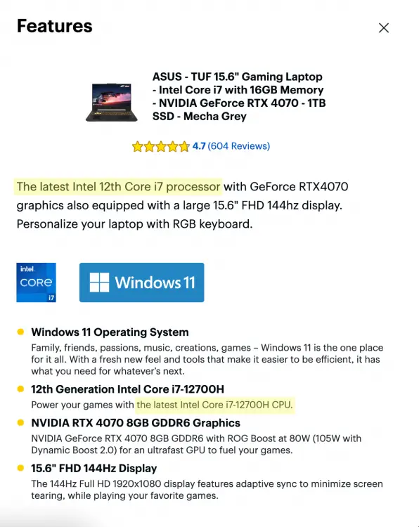 une capture d'écran d'une liste d'ordinateurs portables les plus vendus avec certaines parties mises en évidence