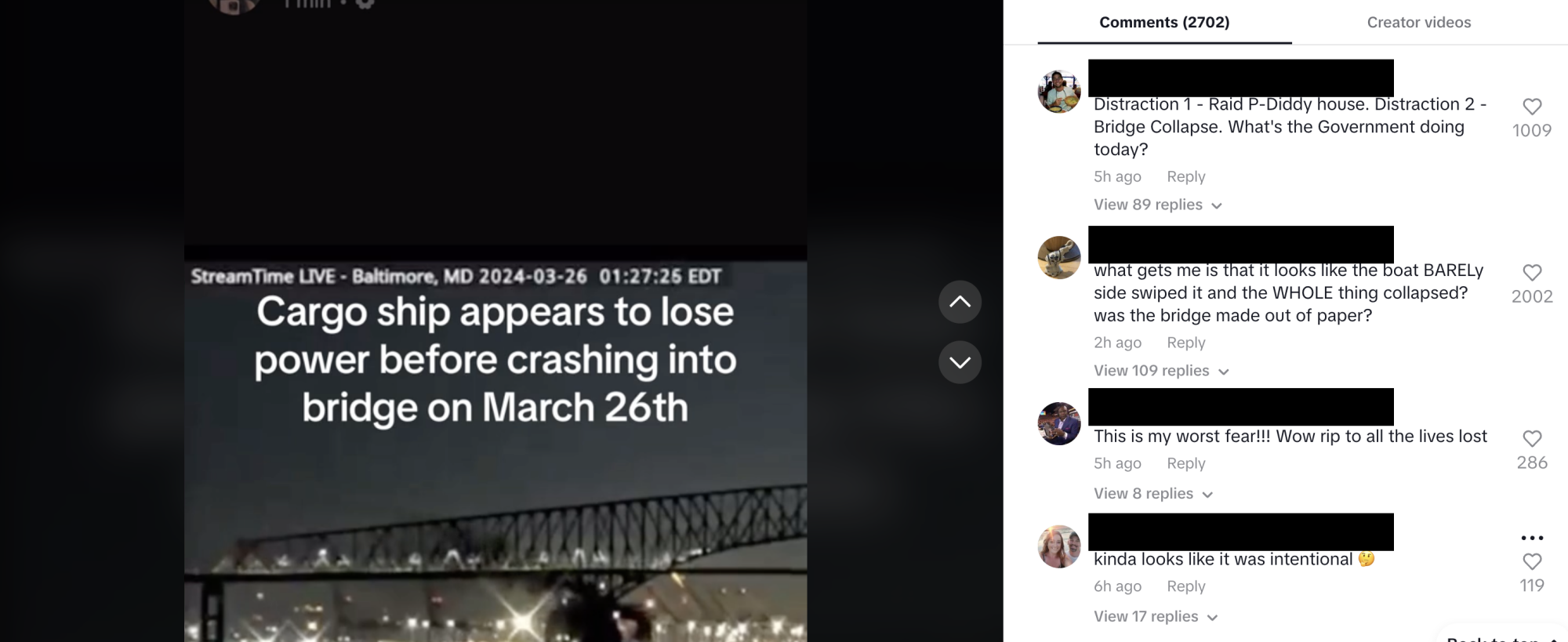 capture d'écran des commentaires de TikTok sur l'effondrement du pont