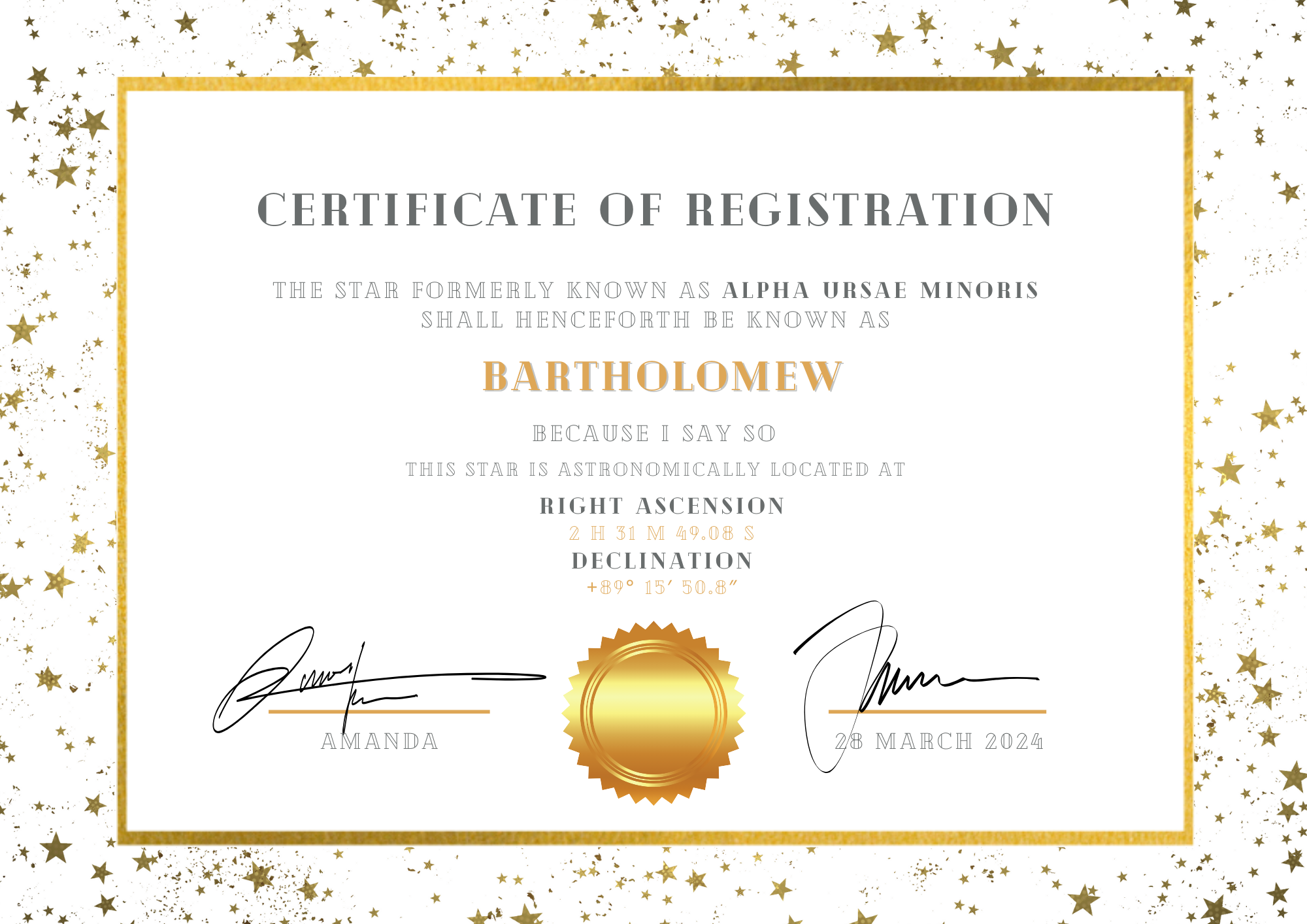 Un certificat d'enregistrement créé dans Canva qui renomme l'étoile polaire en « Bartholomew ».