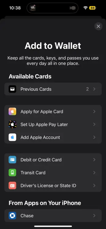Choisissez « Carte de débit ou de crédit » pour ajouter une carte à votre portefeuille afin de payer avec Apple Pay sur votre iPhone.