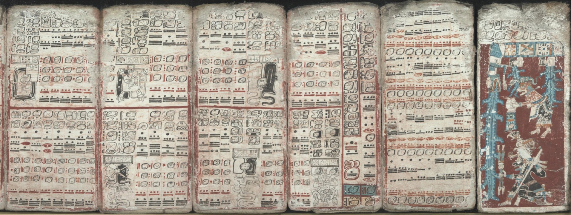 Six pages du livre maya appelé Codex de Dresde, qui comprend des informations astronomiques et sur les éclipses.