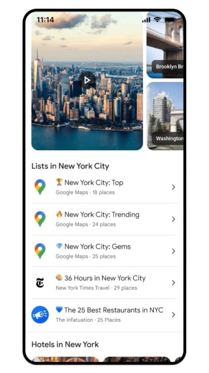 smartphone affichant les résultats de recherche Google Maps pour New York avec des listes recommandées