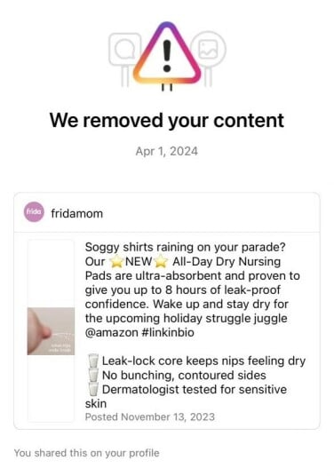 Une capture d'écran d'un avis de suppression de contenu Instagram.