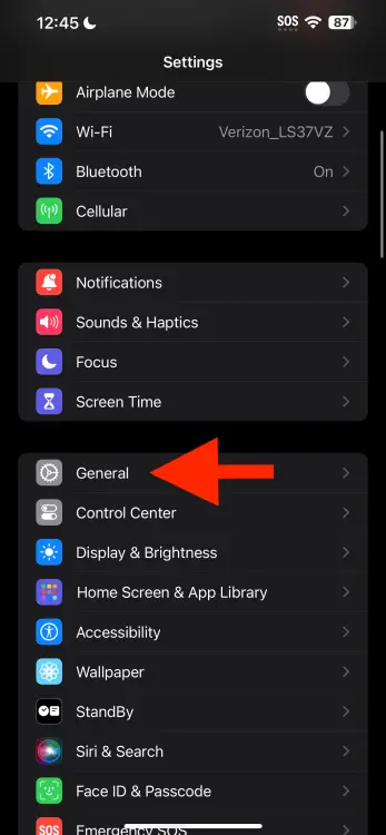 Flèche pointant vers « Général » dans iOS