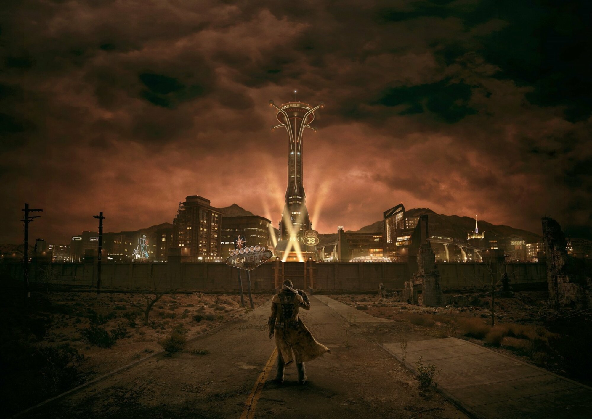 Une silhouette vêtue de vêtements en lambeaux se dirige vers une tour rougeoyante avec un phare lumineux sous un ciel orageux dans un paysage urbain désolé et post-apocalyptique.