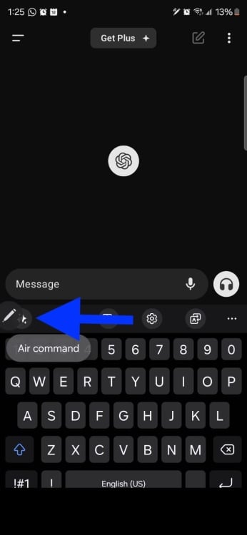 Flèche bleue pointant vers l’icône grise du S Pen sur un téléphone Android