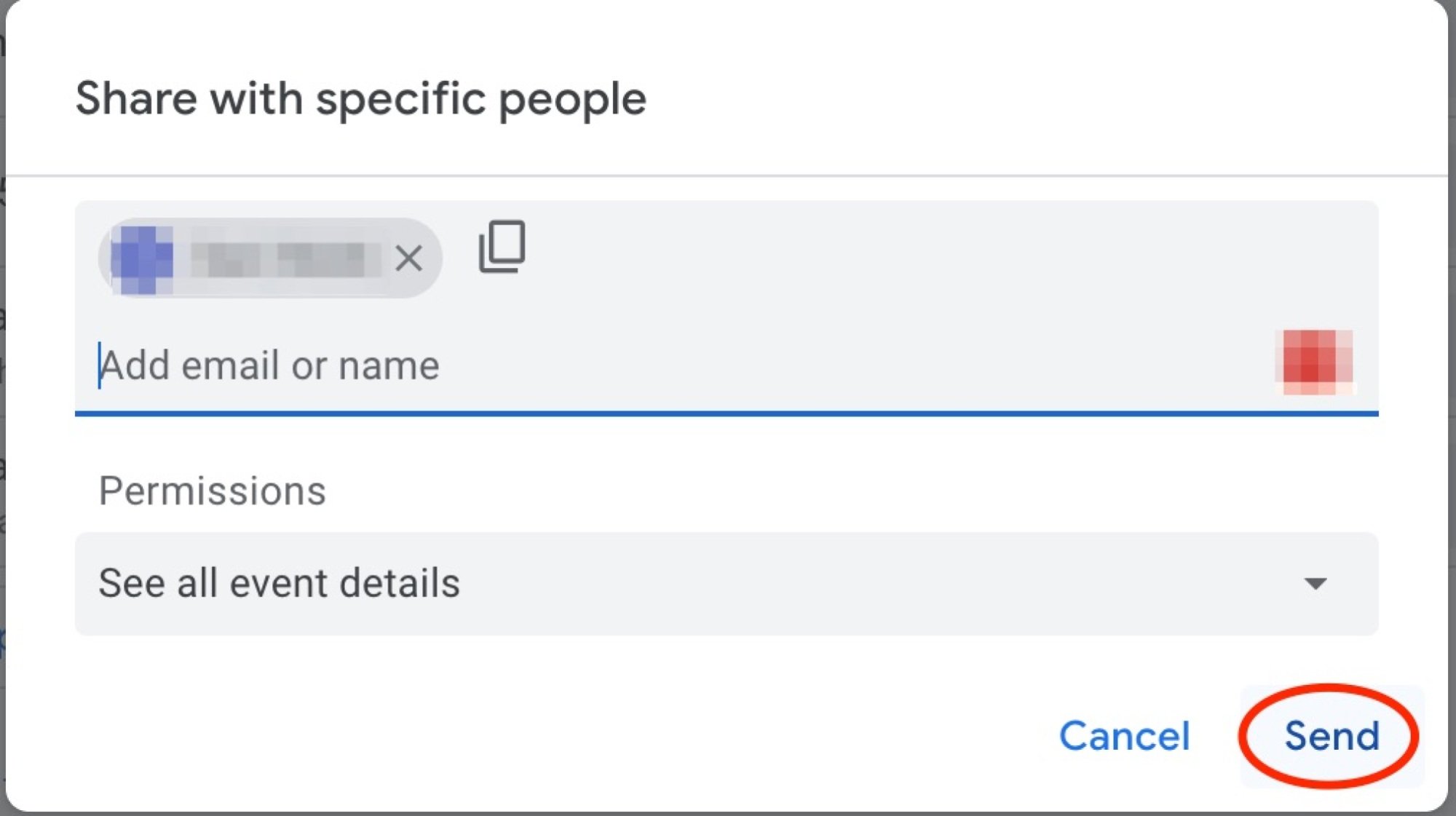 l'adresse e-mail de l'utilisateur renseignée dans la barre de recherche et le cercle du bouton d'envoi en rouge