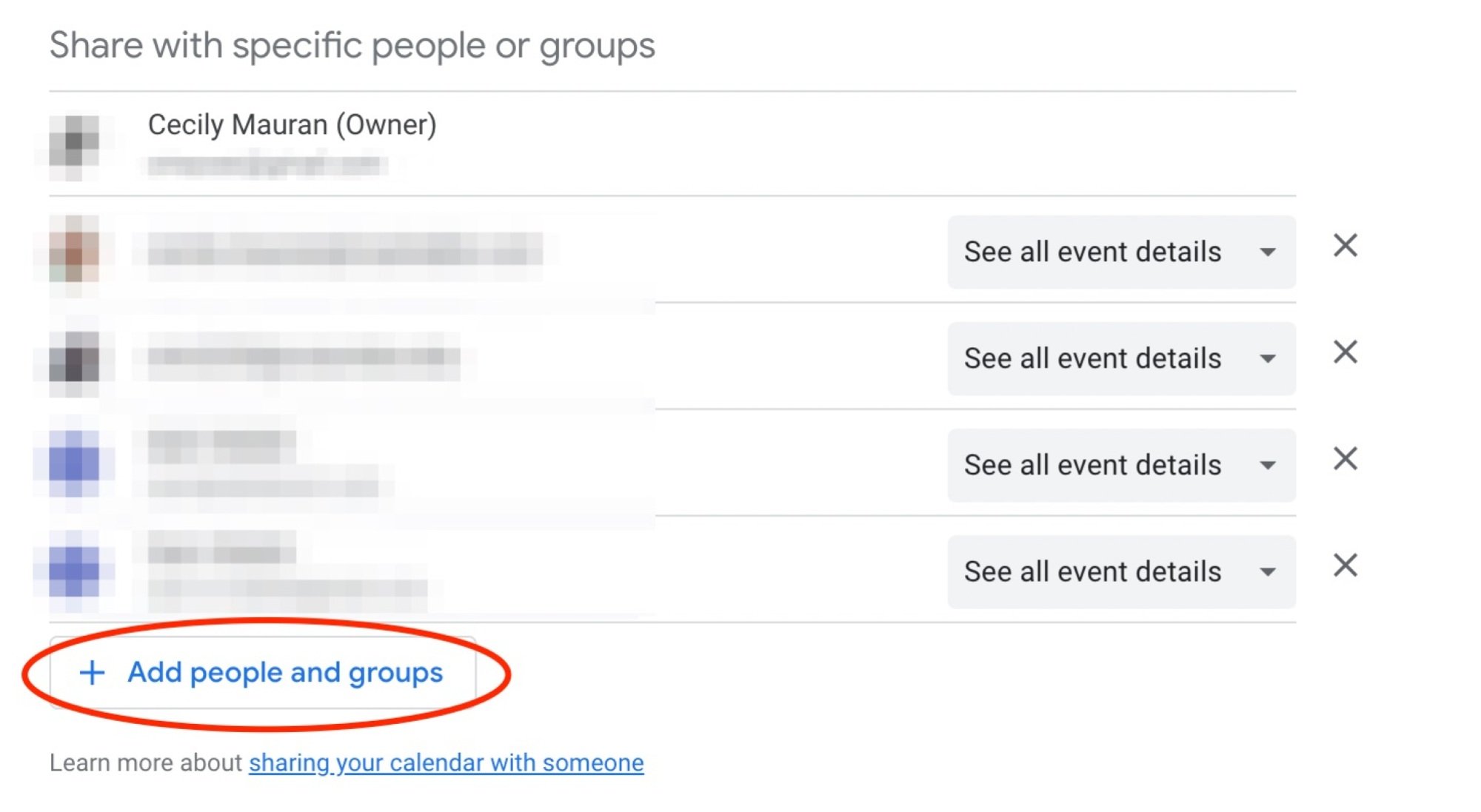 section partager avec des personnes dans le calendrier Google affichant une option pour ajouter des personnes
