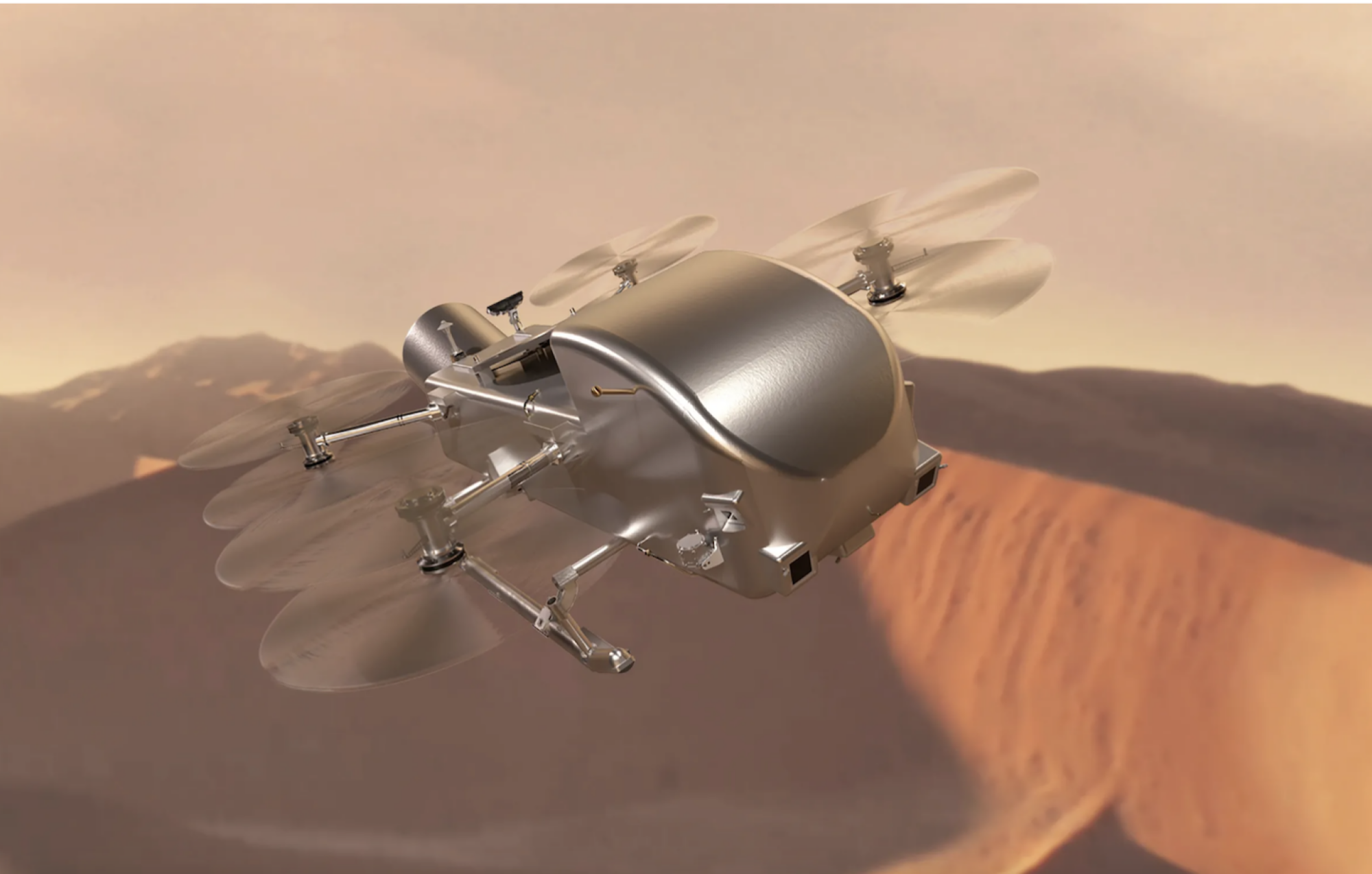 Une conception de Dragonfly zoomant au-dessus des dunes de Titan.