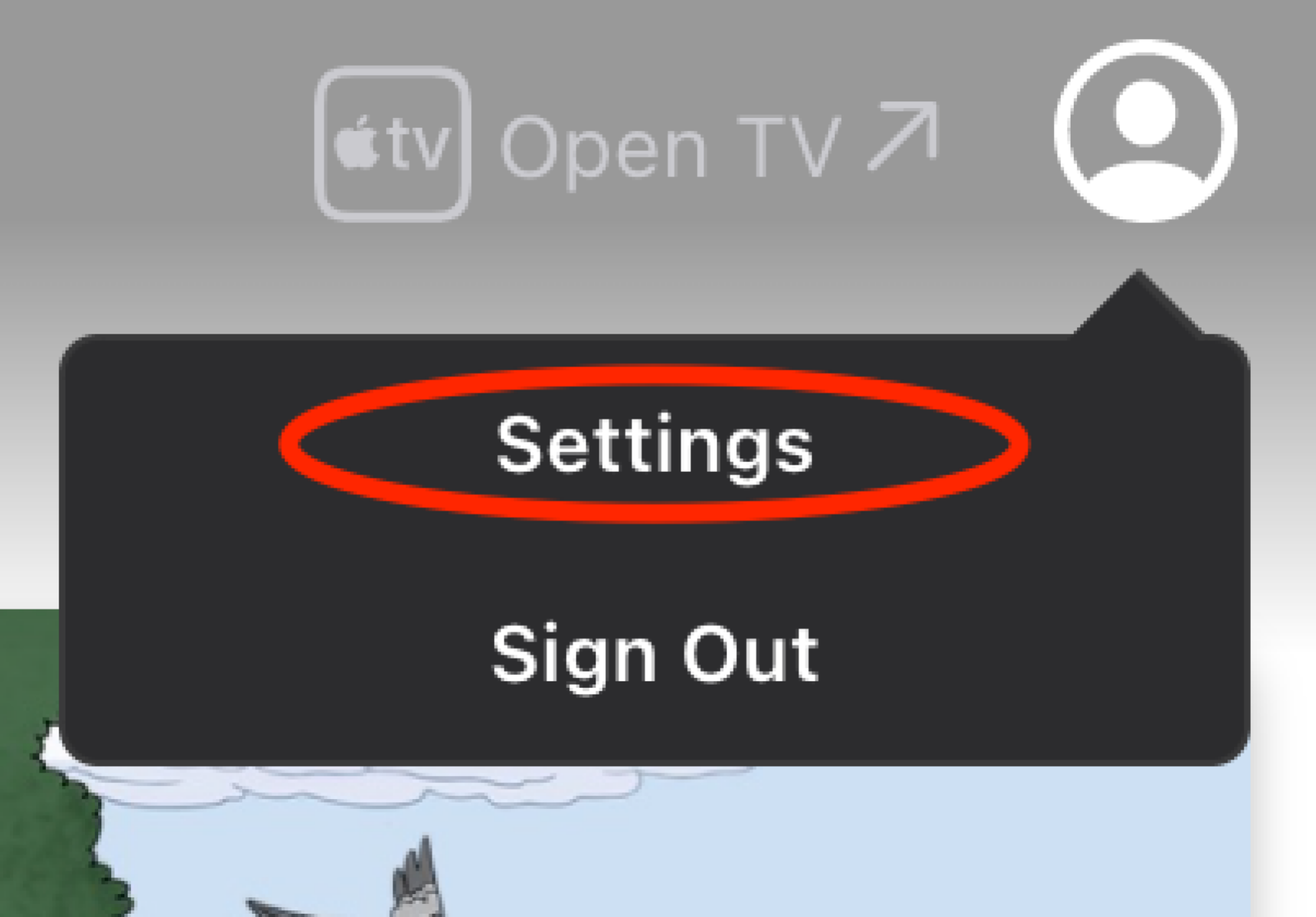 Capture d'écran du menu déroulant Apple TV+ « Profil » avec « Paramètres » en surbrillance. 