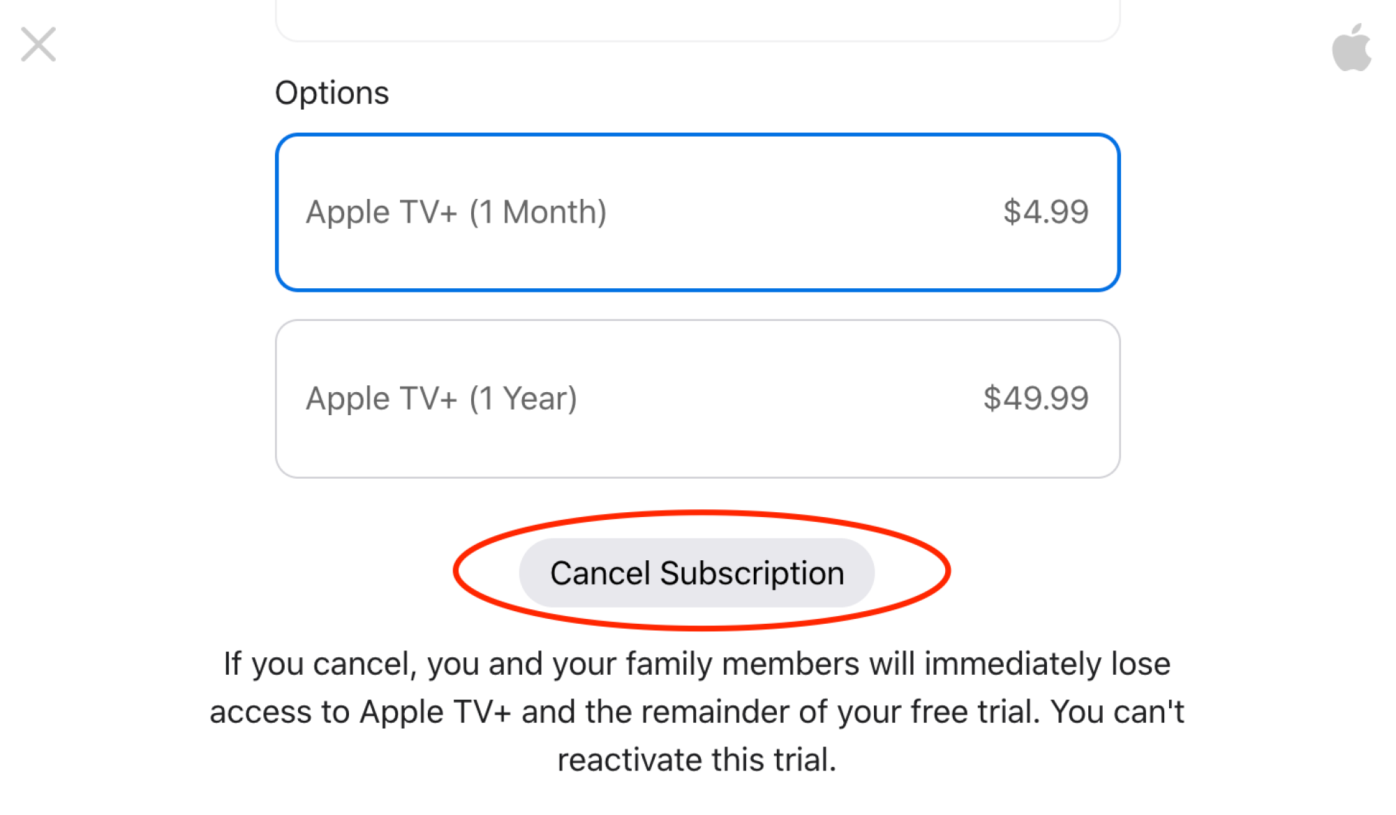 Capture d'écran de la fenêtre Apple TV+ « Modifier votre abonnement » avec « Annuler l'abonnement » en surbrillance. 