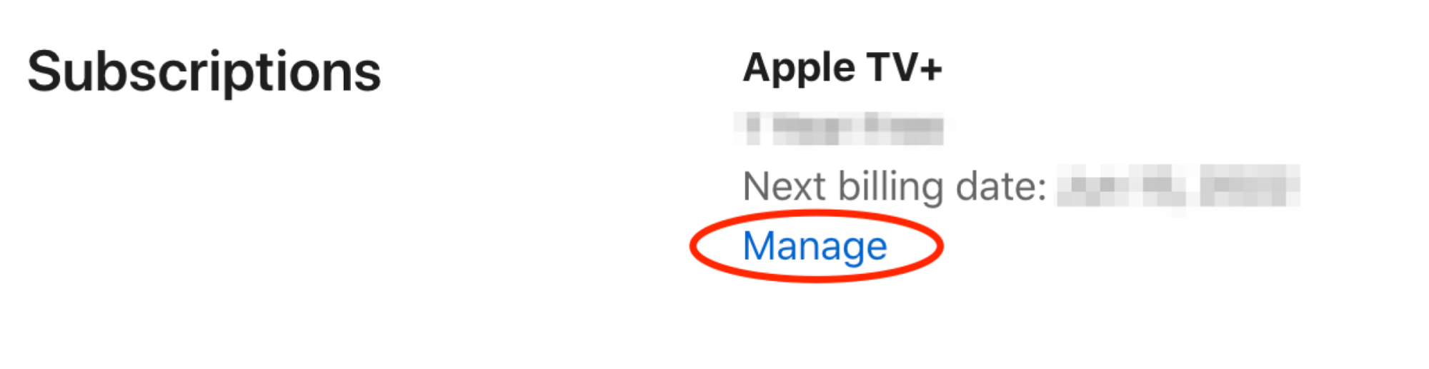 Capture d'écran de la page « Paramètres du compte » d'Apple TV+ avec l'option « Gérer » pour l'abonnement Apple TV+ en surbrillance. 