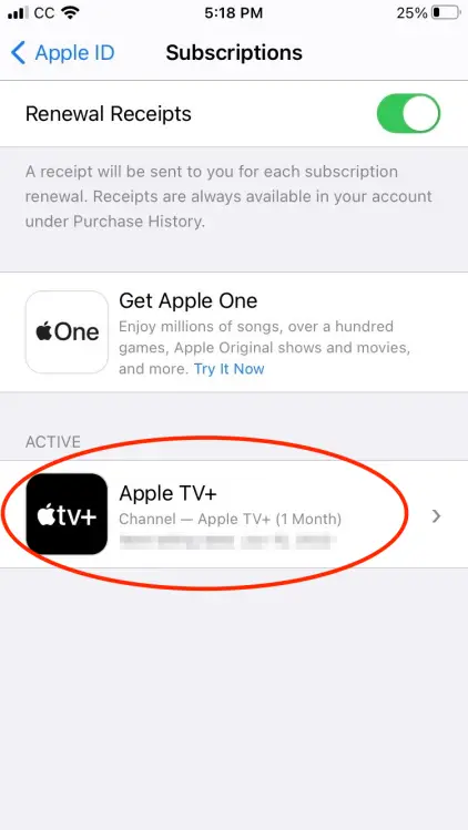 Capture d'écran de la page « Abonnements » de l'iPhone avec « Apple TV+ » en surbrillance. 