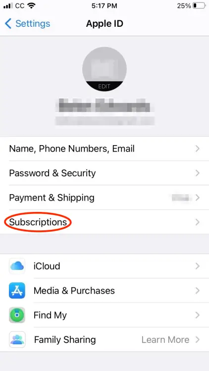 Capture d'écran de la page "Identifiant Apple" de l'iPhone avec "Abonnements" en surbrillance. 