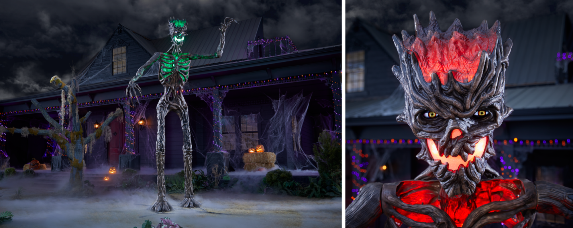 une vue complète du 12,5 pieds.  Squelette Inferno Deadwood de taille géante devant une maison hantée à côté d'un gros plan de sa tête
