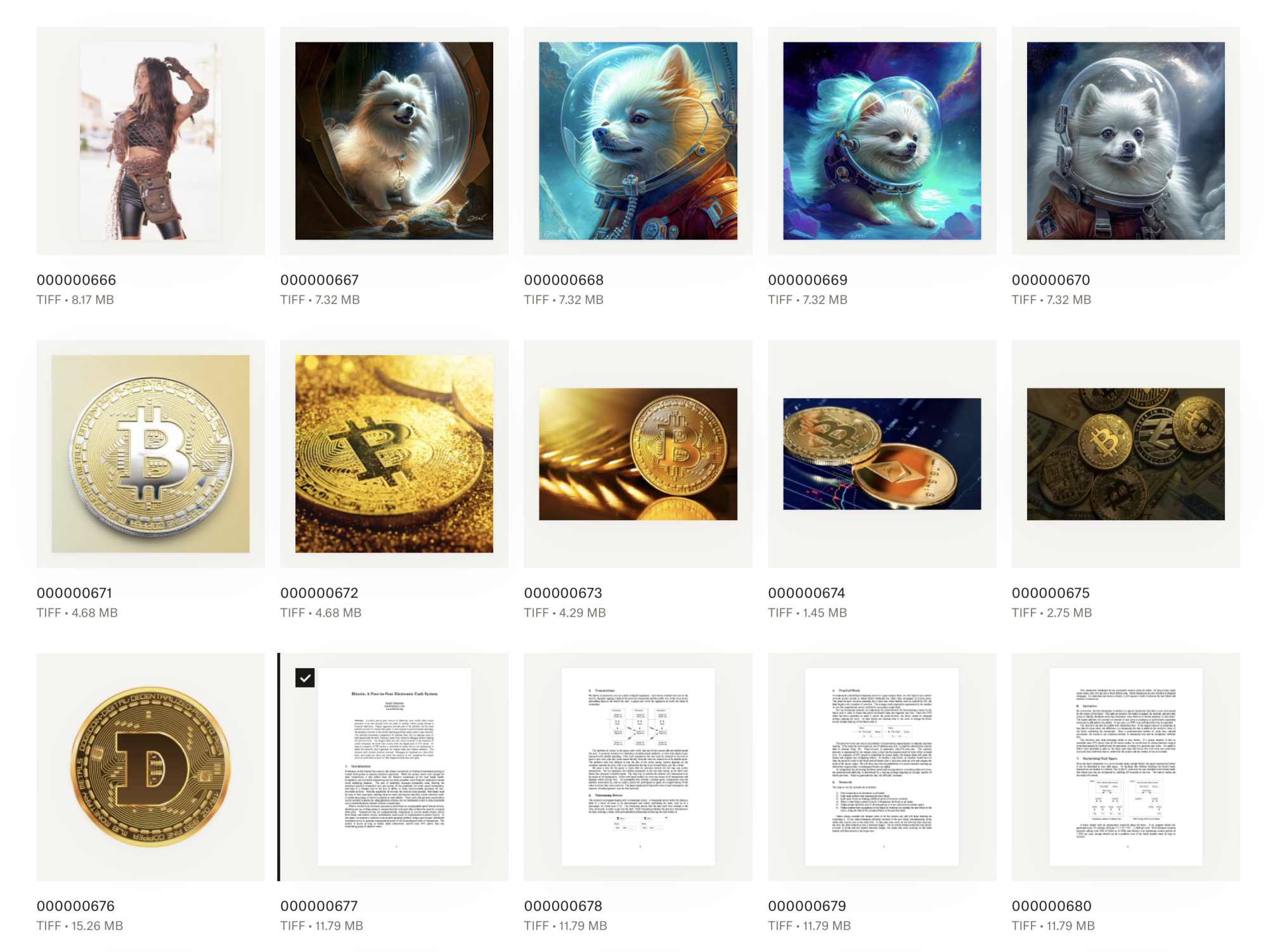 Une feuille d'images comprenant des chiens dans l'espace et des pièces cryptographiques.