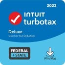 Logiciel fiscal TurboTax Deluxe 2023, fédéral et étatique sur fond blanc