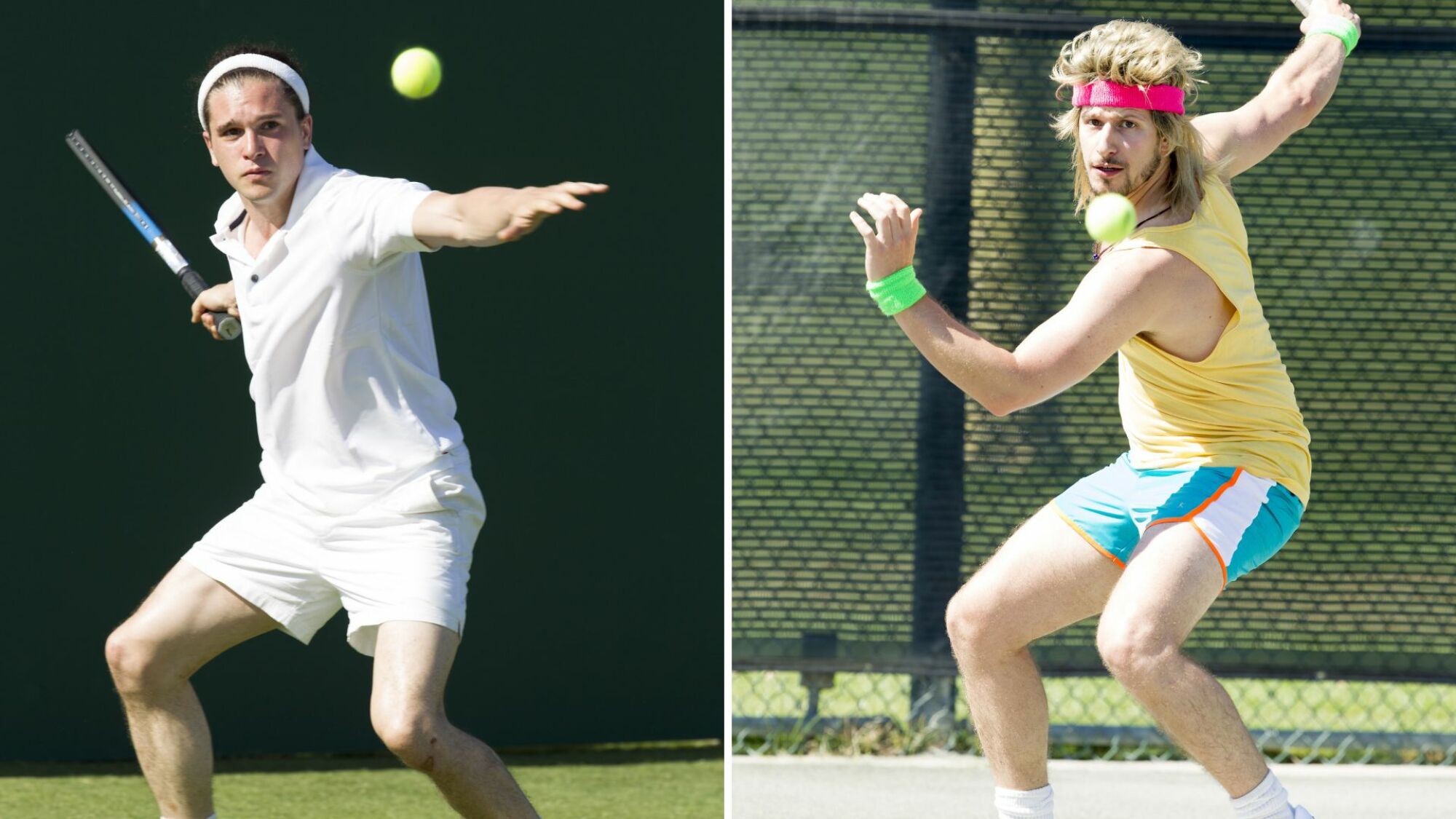 Deux joueurs de tennis – l’un vêtu d’un uniforme entièrement blanc, l’autre vêtu d’un débardeur et d’un short fluo – jouent au tennis.