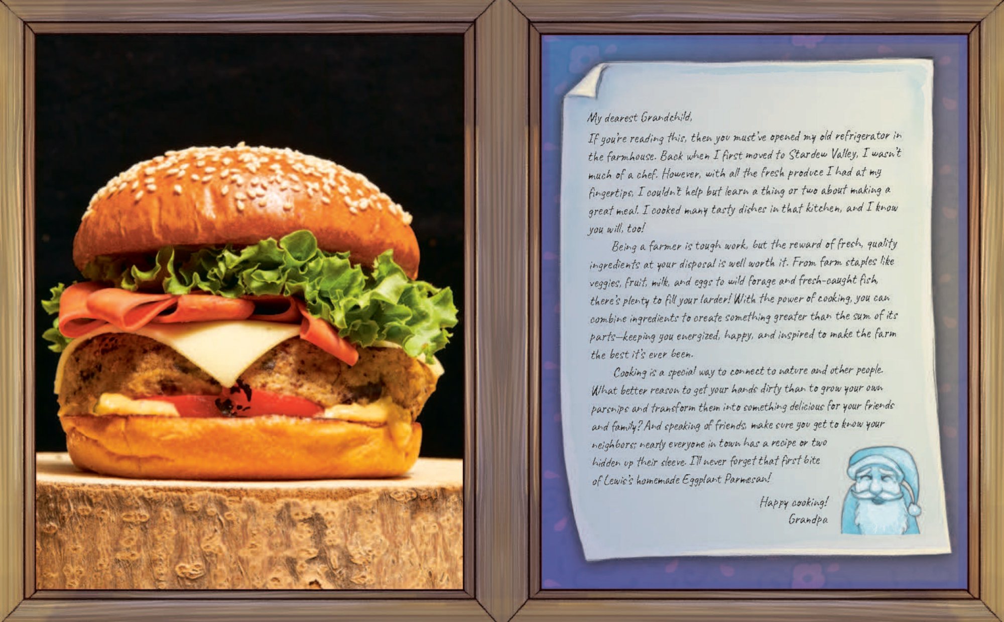 Une image du livre de recettes officiel de Stardew Valley montrant un hamburger et une lettre de votre grand-père dans le jeu.