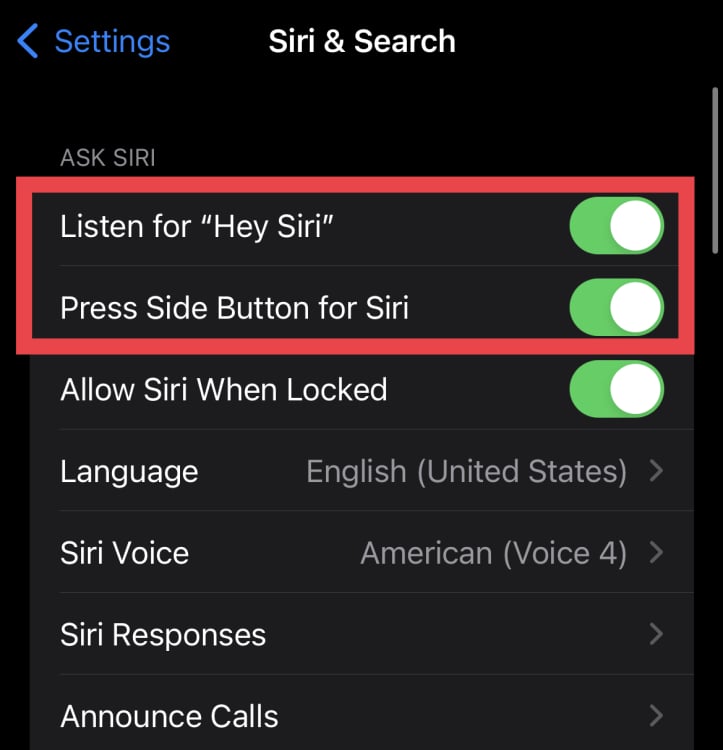 Une capture d'écran pour un iPhone montrant où basculer "Écoutez « Hé, Siri »".