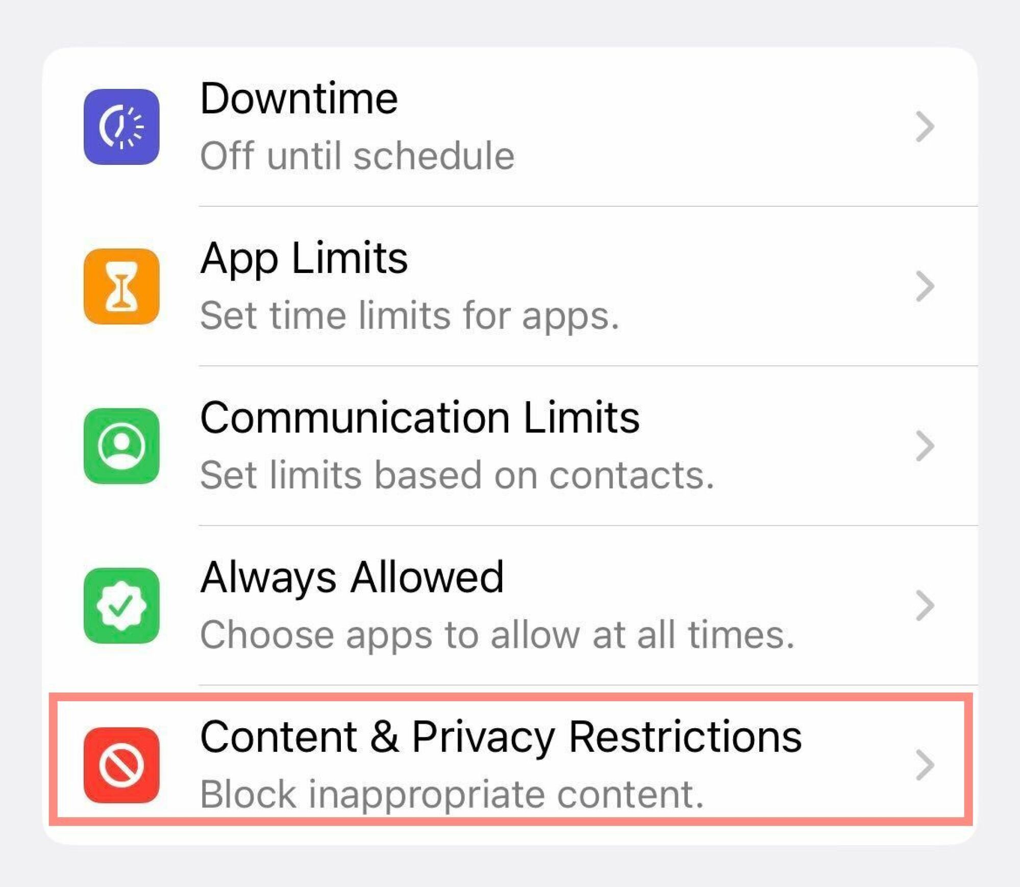Une capture d'écran montrant « Restrictions relatives au contenu et à la confidentialité ».